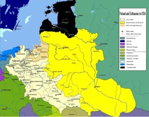Peta ini menggambarkan bahwa separuh Ukraina saat ini, dulu miliknya Polandia-Lithuana Commonwealth. 
